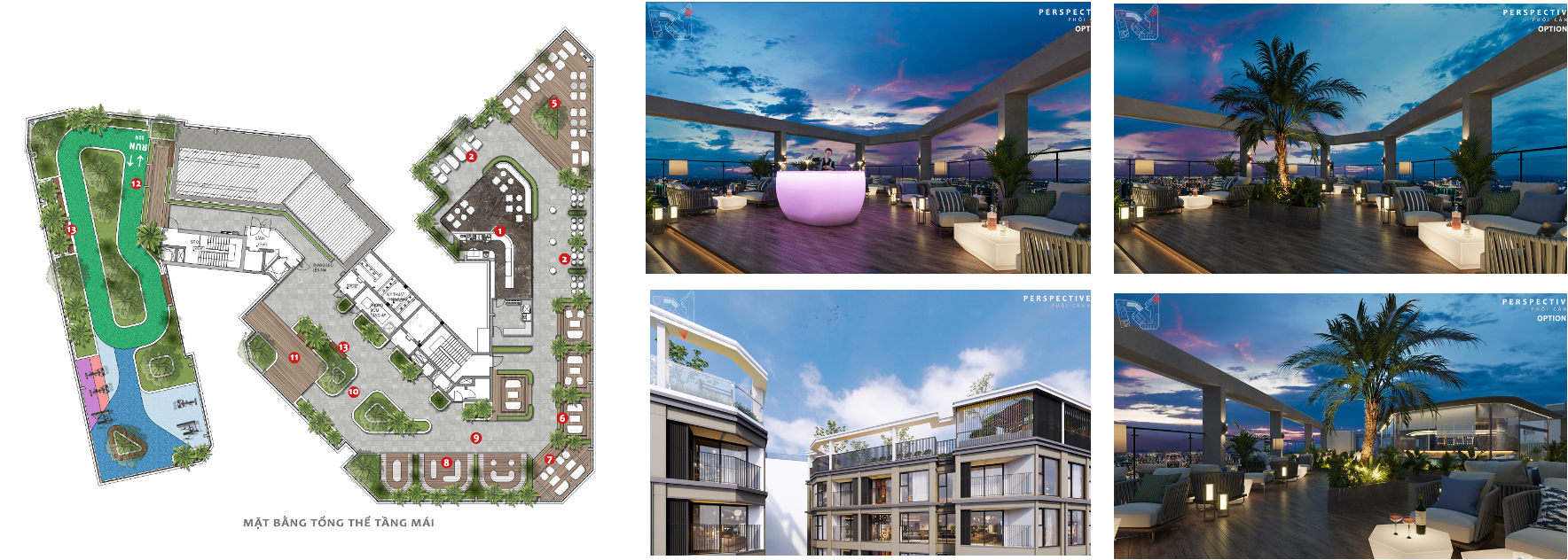 Mặt bằng tổng thể tầng mái và phối cảnh rooftop Crystal Palace